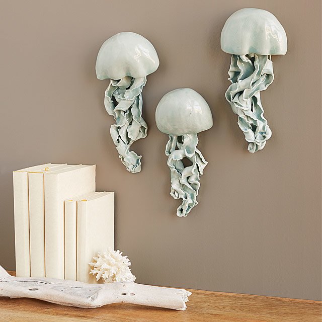 Ceramic Jellyfish Wall Sculptures Set of 3 coastal